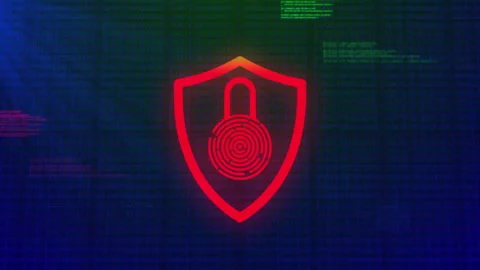Cybersecurity shield with fingerprint lock and coding animation on digital Stock Footage 305366374