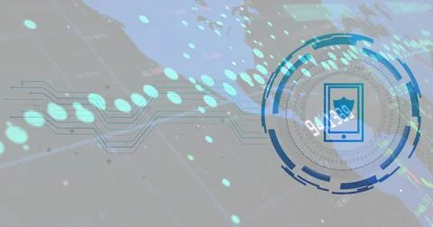 Cybersecurity shield icon image over digital map and data points Stock Illustration