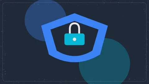 Cybersecurity shield icon with a padlock symbol on a dark blue background f.. Stock Illustration
