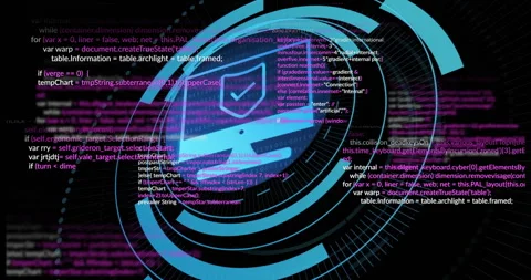 Cybersecurity shield icon with programming code animation over circular digital Stock Footage 305527123