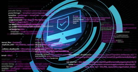 Cybersecurity shield icon with programming code image over circular digital Stock Illustration
