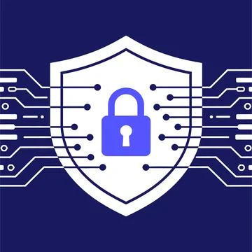 Cybersecurity Shield with Lock and Circuit Lines on Blue Background 스톡 일러스트