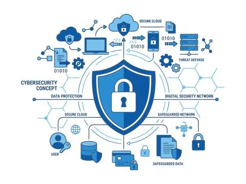 Cybersecurity Shield with Lock and Devices Stockillustratie