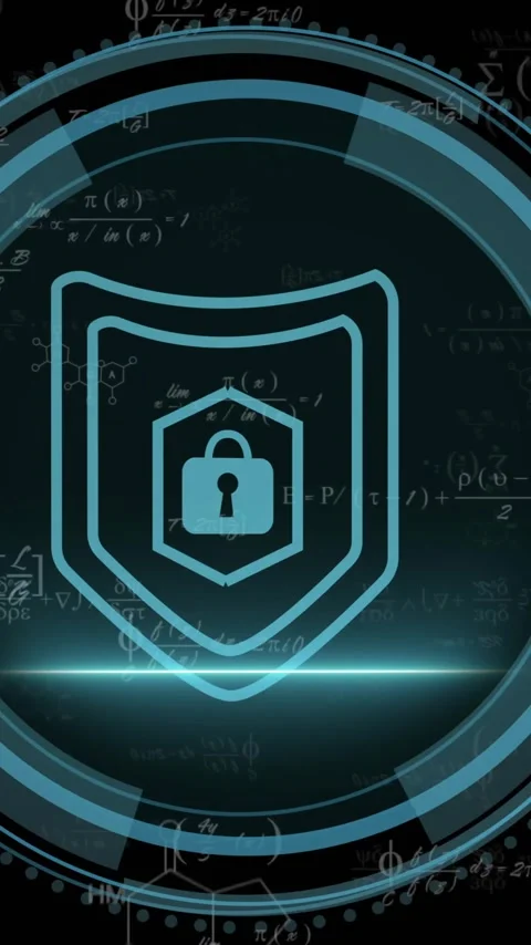 Cybersecurity shield with lock icon animation over mathematical equations on Stock Footage 343091743
