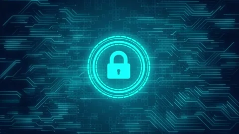 Cybersecurity shield lock icon hologram security breach computer hacking attack Stock Footage 294956438