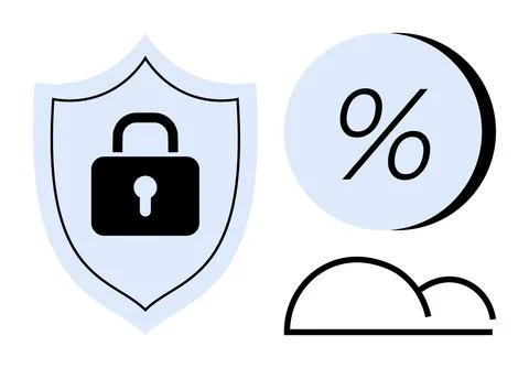Cybersecurity Shield with Lock, Percentage Circle, and Cloud Line Drawing 스톡 일러스트