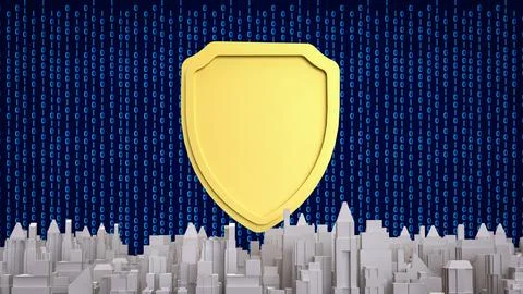Cybersecurity Shield Protecting Digital City Infrastructure 3d render. Stockillustratie