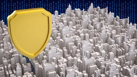 Cybersecurity Shield Protecting Digital City Infrastructure 3d render. 스톡 일러스트