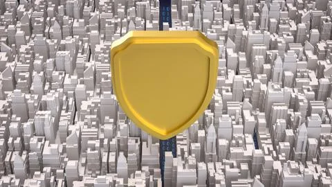 Cybersecurity Shield Protecting Digital City Infrastructure 3d render. Illustrazione stock
