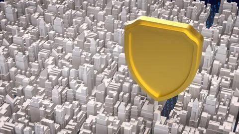 Cybersecurity Shield Protecting Digital City Infrastructure 3d render. Stockillustratie