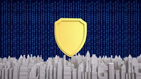Cybersecurity Shield Protecting Digital City Infrastructure 3d render. Stock Illustration
