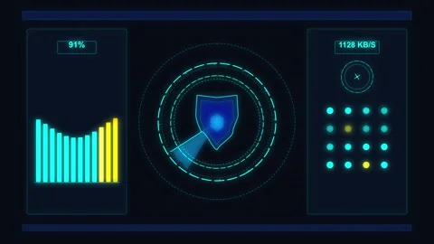 Cybersecurity shield radar interface displaying network data analytics Stock Footage 348326978