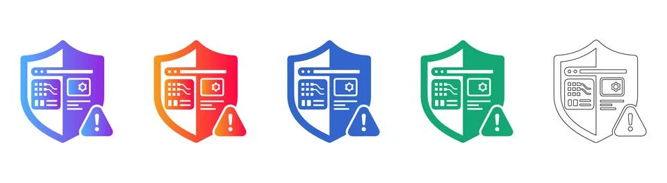 Cybersecurity Shield with Warning Symbol Icon Set Stock-Illustration