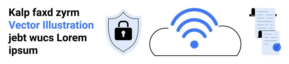 Cybersecurity Shield, wireless Signal Cloud, and Document Agreement Icons Stock Illustration