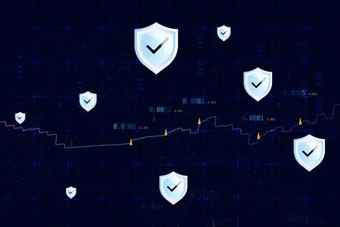 Cybersecurity shields with check marks over financial data and market analyti Stock Illustration