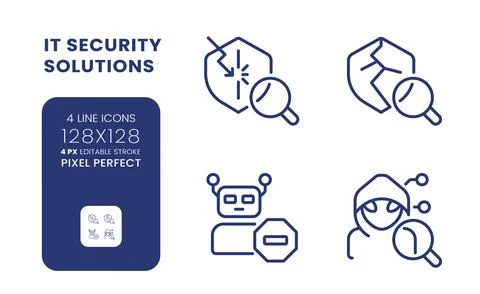 Cybersecurity solutions linear desktop icons set Illustrazione stock