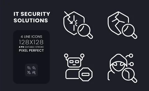 Cybersecurity solutions white linear desktop icons on black Illustrazione stock