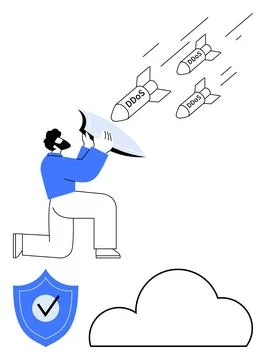 Cybersecurity Specialist Defending Cloud Network from DDoS Attacks with Shiel Stock Illustration