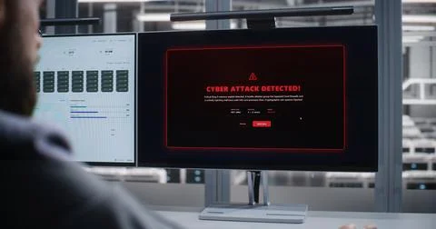 Cybersecurity Specialist Responding to Cyber Attack Alert in Data Center Stock Photos
