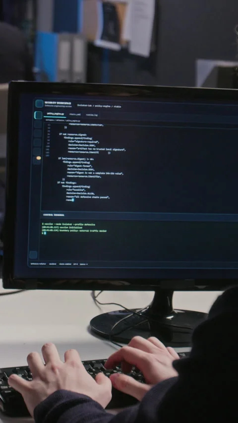 Cybersecurity Specialists Reviewing Code on Computer Monitor Stock Footage 347312114