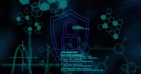 Cybersecurity symbolized by digital lock with hexagonal patterns and data flow Stock Photos