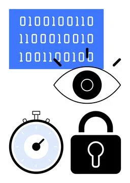 Cybersecurity symbols with binary code, an eye icon, stopwatch, and lock re.. Stock Illustration