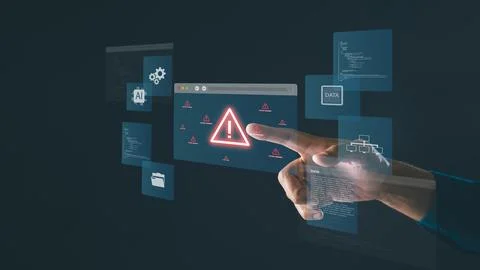 Cybersecurity system warning alert on virtual interface shows risk of data .. 写真素材