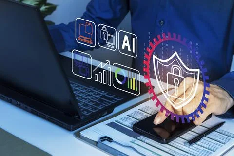 Cybersecurity systems protect digital data and operating systems by encrypt.. Stockfoto's