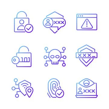 Cybersecurity technologies pixel perfect gradient linear vector icons set Stock Illustration