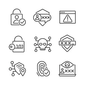 Cybersecurity technologies pixel perfect linear icons set Stock Illustration