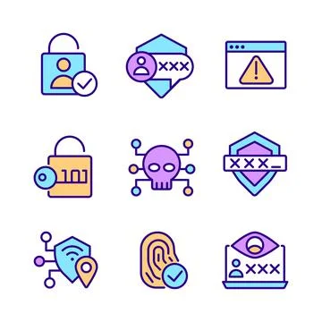 Cybersecurity technologies pixel perfect RGB color icons set Stock Illustration