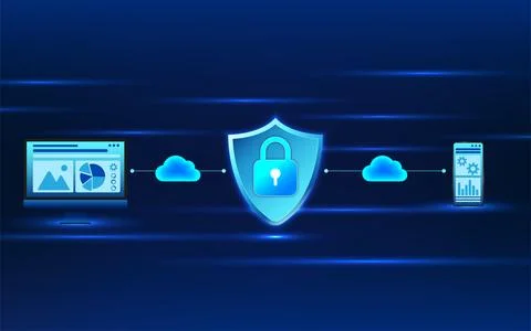 Cybersecurity technology, computer, mobile phone and shield with lock in th.. 스톡 일러스트