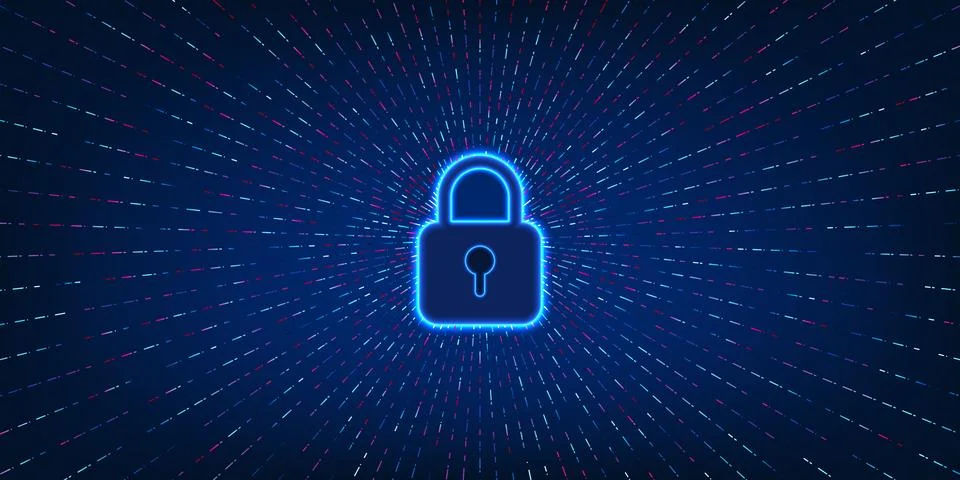 Cybersecurity technology The lock with lights shining from all sides shows .. Иллюстрация