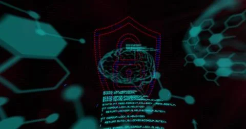 Cybersecurity technology represented by digital brain and shield hologram with 库存照片
