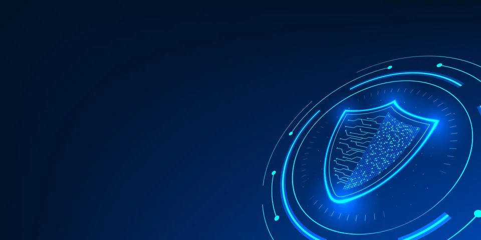 Cybersecurity technology, a shield integrated with technology circuits, eff.. Stockillustratie