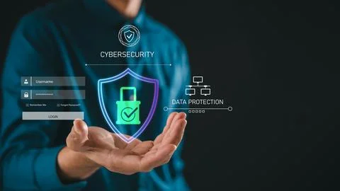 Cybersecurity technology shows hand holding digital shield and lock icon, p.. 写真素材