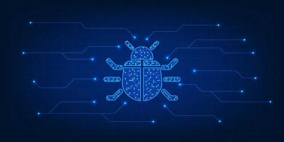Cybersecurity technology, virus bug with technology circuit line, shows mal.. Illustrazione stock