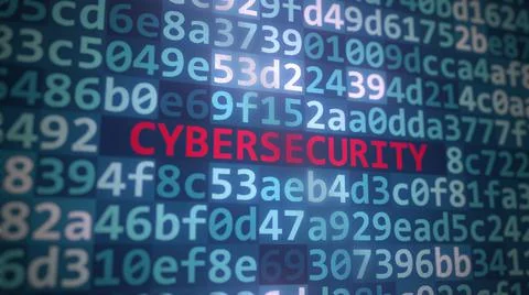 CYBERSECURITY text and source code on the computer monitor, 3D rendering Illustrazione stock