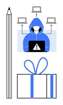 Cybersecurity Threat Depicted with Hacker, Laptops, Gift Box, and Pencil in.. Stock Illustration