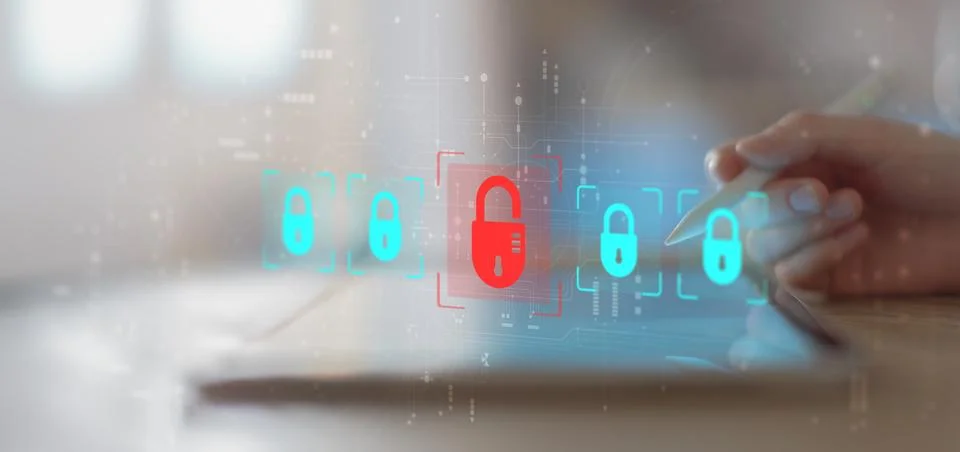 Cybersecurity Threat Detection and Data Protection Visualization on Digital T Stock Photos