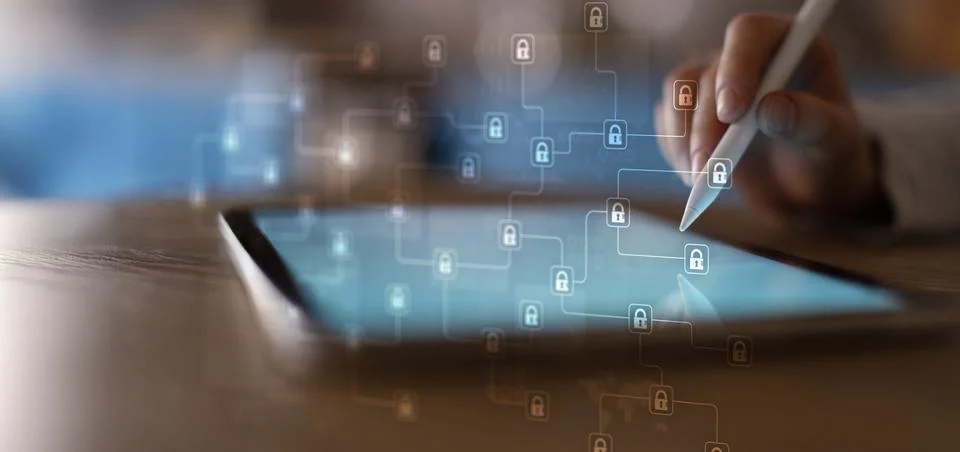 Cybersecurity Threat Detection and Data Protection Visualization on Digital T Foto stock