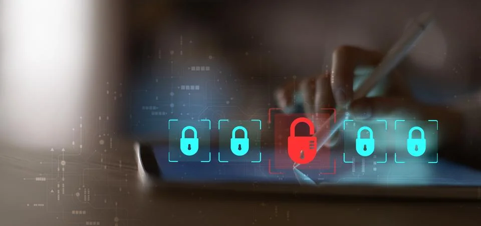 Cybersecurity Threat Detection and Data Protection Visualization on Digital T Stockfoto's