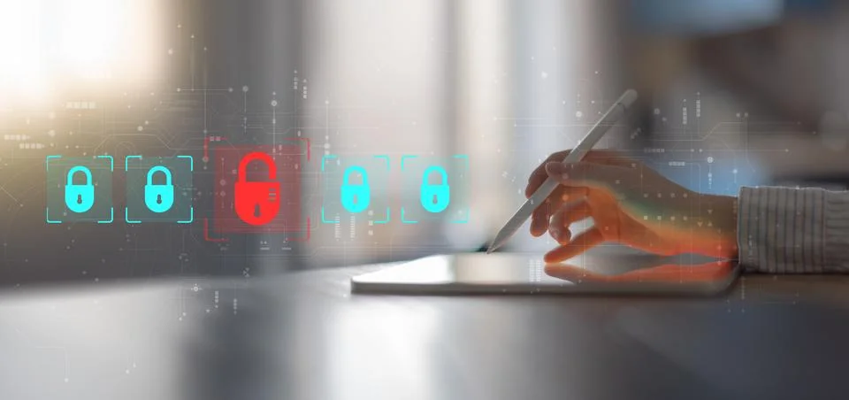 Cybersecurity Threat Detection and Data Protection Visualization on Digital T Foto stock