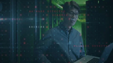 Cybersecurity threat detection animation over man working on laptop in server Stock Footage 305526160