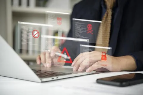 Cybersecurity threat, hacker attack concept. Businessman using laptop, syst.. Stock Photos
