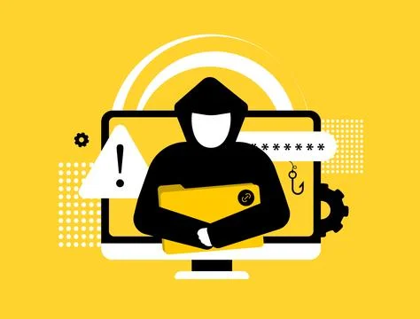 Cybersecurity threat with hacker stealing password, phishing attack, malware Stock Illustration