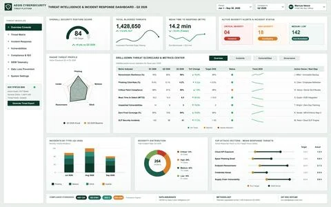 Cybersecurity Threat Intelligence and Incident Response Dashboard Interface Stock Illustration