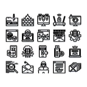 Cybersecurity threats and data protection line icons Stock-Illustration