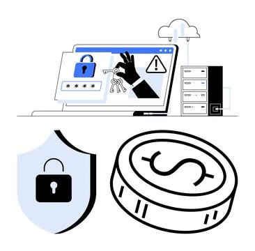 Cybersecurity threats and financial data protection with cloud storage data.. Illustrazione stock