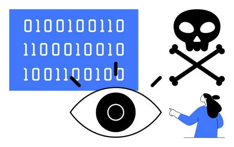 Cybersecurity Threats Depicted with Binary Code and Skull Image Illustrazione stock